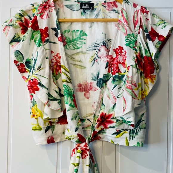 NWOT White Floral Tie Up Bolero Ruffle Cap Sleeves 10 - Picture 15 of 15